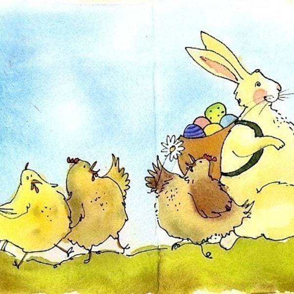 Funny Easter Card, Easter Bunny Greeting Card, Spring Easter Bunny & Chickens Watercolor Card, Easter Card for Children, Kids Easter Card