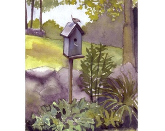 Handmade Watercolor Card, Bird Card, Blue Birdhouse Card, Bird Art, Landscape Watercolor Country Rural Painting Print Bird Illustration