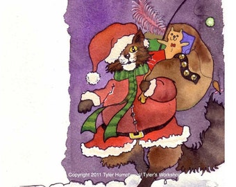 Cat Christmas Card, Christmas Greeting Card, Cat Art, Funny Santa Clause Cat Card, Tabby Cat Watercolor Painting Illustration Cartoon Print