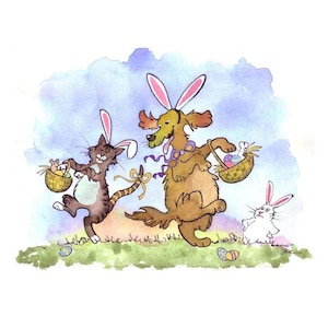 Funny Easter Card: Watercolor Cat and Dog 'Easter Pets'
