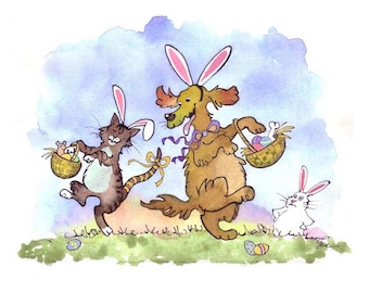 Funny Easter Card: Watercolor Cat and Dog 'Easter Pets'