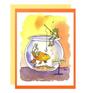 Tarjeta de felicitación de rana divertida, tarjeta de pesca caprichosa, ilustración de acuarela de pez dorado, tarjeta de dibujos animados de animales, tarjeta en blanco de 4x6 para amigos o vacaciones