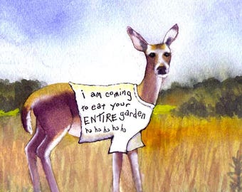 Funny Deer Watercolor Greeting Card: Garden Humor Art Print