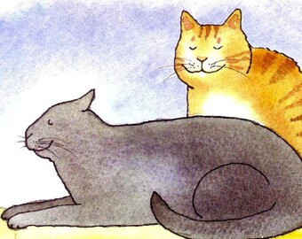 Funny Cat Greeting Card: Watercolor Cats in Repose