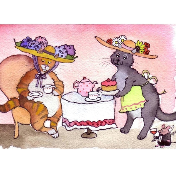 Funny Cat Greeting Card: Watercolor Tabby Cat Tea Party Print