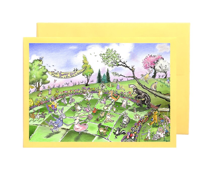 May include: A whimsical greeting card featuring a colorful illustration of a bunny gathering. The scene includes numerous rabbits, flowers, and trees, with a banner that reads "Just the Bunny Hop". The card is set against a yellow background.