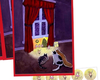 Funny Cat Christmas Cards & Stickers: Nutcracker Theme, Set of 5