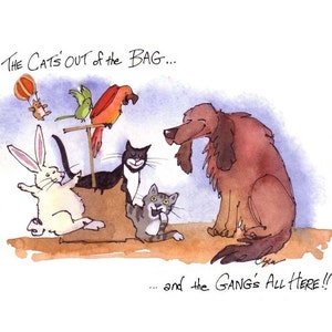 Funny Pets Card- Animals Birthday Card- Dog Cat Bunny Rabbit- Surprise Birthday Greeting Card- Watercolor Animals Illustration Card Print