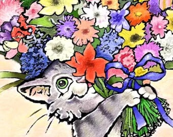 Kitten with Flowers Greeting Card, Cat Lover, Floral Illustration, Blank Inside