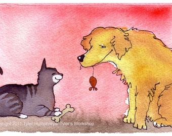 Funny Cat & Dog Card Love Friendship Card - Valentine Card - Cat Art - Dog Art - Pets Watercolor Painting - Cat and Dog Greeting Card