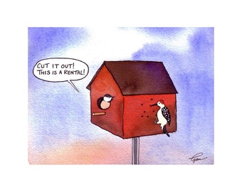 Funny Greeting Card - Humor Bird Card - Birds and Birdhouse Cartoon Greeting Card Watercolor Print 'Birdbrain Rental'