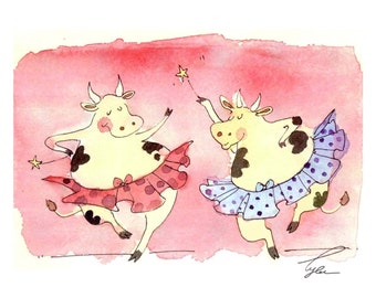 Funny Cow Greeting Card , Cow Art, Dancing Cows, Funny Cows Card, Cow Watercolor Painting, Cows illustration 'Cows Dance Too' 4x6