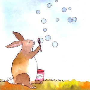 May include: A watercolor illustration of a brown and white rabbit sitting on a yellow ground, holding a small wand and blowing light blue bubbles into the air. Next to the rabbit is a pink container with the word Bubbles printed on the front.