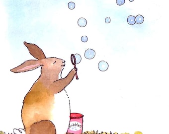 Watercolor Bunny Card: Whimsical Rabbit Blowing Bubbles