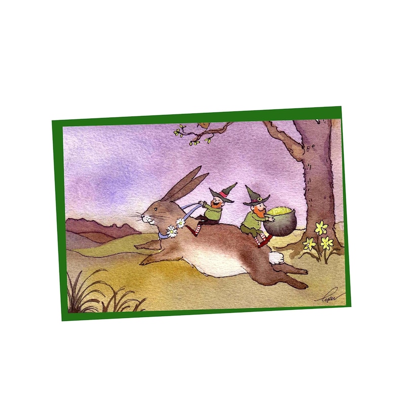 May include: Two leprechauns riding a brown rabbit through a field. The leprechaun in the back is holding a pot of gold. The rabbit is wearing a blue ribbon and white flowers around its neck.