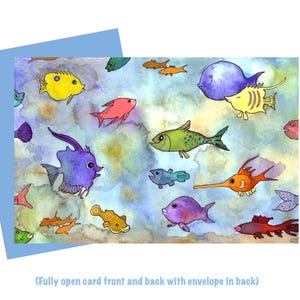 Lustige Fisch Grußkarte - Bunte Cartoon Fisch Karte - Unter dem Meer Karte zum Thema Ozean - Aquarell Kunst Karte - Leere Fisch Grußkarte