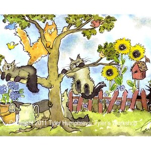 Sztuka kotów, zabawna kartka z pozdrowieniami z kotami, wydruk akwareli przedstawiającej kota, ilustracja kota „W ogrodzie kocich rozkoszy”
