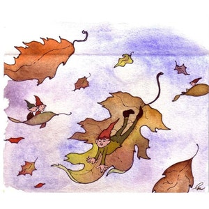 Kabouter herfst wenskaart, kabouter elf Fairy kunst, Fairy illustratie, Fairy aquarel schilderij illustratie wenskaart afdrukken 'Blad Elfen'