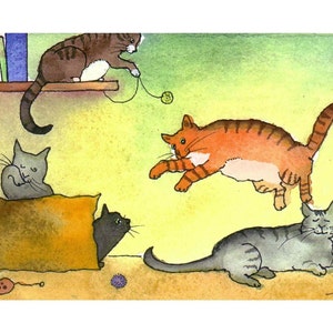 May include: A watercolour painting of four cats at play. One cat is leaping in the air, another is perched on a shelf, and two are on the floor. One cat is playing with a piece of string and a ball of wool. The painting is rendered in a light yellow and green colour scheme.