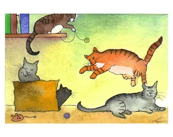 Cat Greeting Card - Funny Cat Card - Watercolor Cats Illustration Print  'It's A Hard Knock Life'