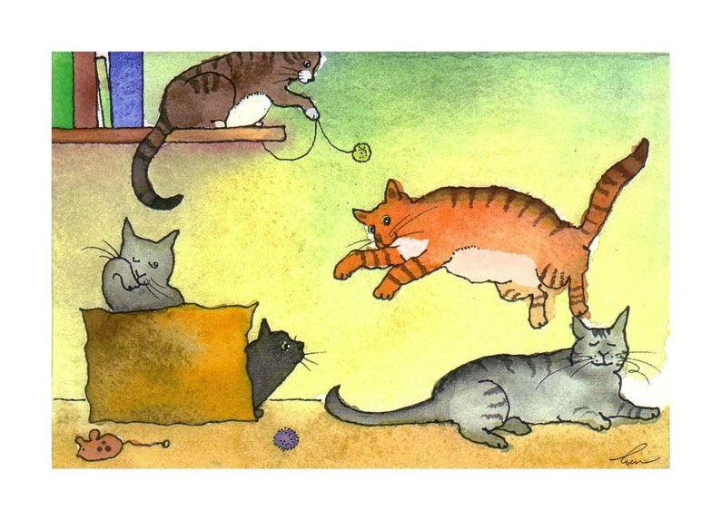 May include: A watercolour painting of four cats at play. One cat is leaping in the air, another is perched on a shelf, and two are on the floor. One cat is playing with a piece of string and a ball of wool. The painting is rendered in a light yellow and green colour scheme.