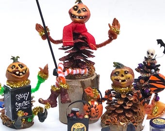 Handmade Halloween Goblin Figurine Set: OOAK Pumpkinhead Art Doll - Boo Box
