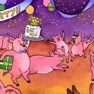 Cartão de aniversário engraçado de porco - Cartão de felicitações de porco dançante - Ilustração de animal de festa - Aquarela de porco rosa - Cartão de porcos selvagens para festa