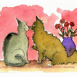 Funny Cats Greeting Card - Funny Cats Valentines Card - Watercolor Cats Illustration Print 4x6 &#39;Kissing Kitties&#39;