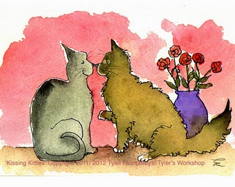 Funny Cats Greeting Card - Funny Cats Valentines Card - Watercolor Cats Illustration Print 4x6 'Kissing Kitties'