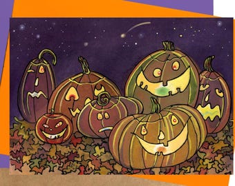 Funny Watercolor Halloween Card: Whimsical Pumpkin Patch Greeting Card