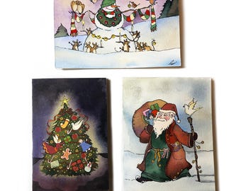 Set of 3 Original Christmas Watercolor Paintings – Santa, Snowman & Tree – One of a Kind Holiday Art