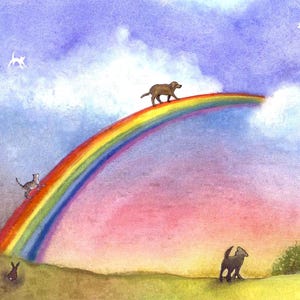 Biglietto di condoglianze per animali domestici Rainbow Bridge, regalo per la perdita di un cane o un gatto, poesia commemorativa ad acquerello, fatto a mano, 5x7, biglietto di lutto per animali, vuoto all'interno.