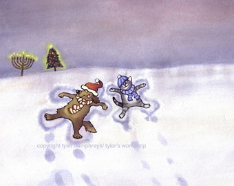 Funny Dog & Cat Greeting Card - Happy Holidays Greeting Card - Pets Animals Christmas Hanukkah Greeting Card 'Snow Angels'