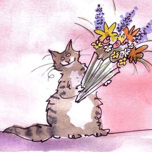 Watercolor Cat Card: Tabby with Flowers, Mother's Day, Thank You