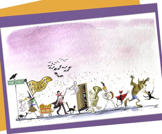 Funny Halloween Greeting Card: 'Maim Street USA' Americana Parade