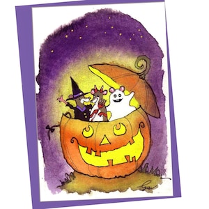 Tarjeta de Halloween hecha a mano: Ratones de acuarela en una calabaza