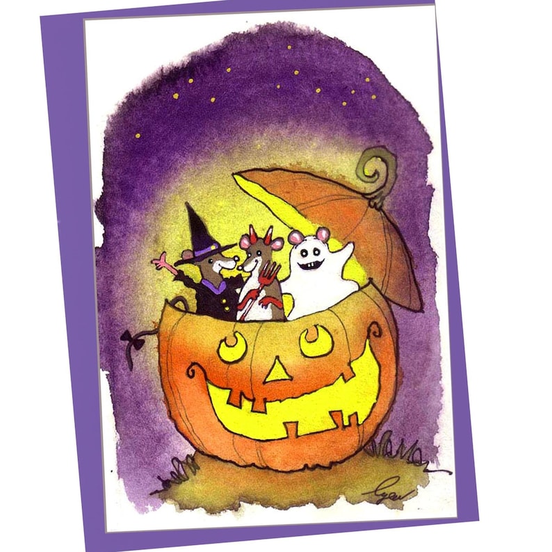 Handmade Halloween Card: Watercolor Mice in Pumpkin image 1