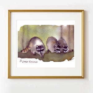 Raccoon Watercolor Painting Print: &#39;Three Little Rascals&#39; Art