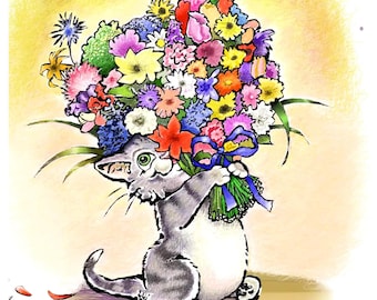 Kitten with Flowers Greeting Card, Cat Lover, Floral Illustration, Blank Inside