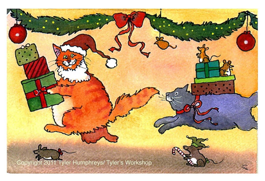 Funny Cats Christmas Card - Funny Cat Holiday Greeting Card - Cat Art ...