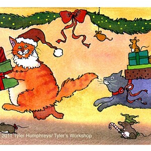 Carte de Noël drôle de chats - carte de voeux de vacances drôle de chat - art de chat - illustration d'impression de chat aquarelle