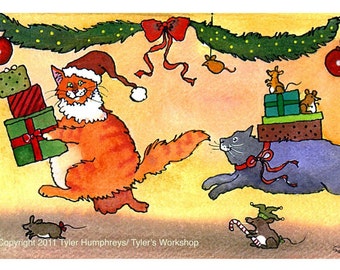 Funny Cats Christmas Card - Funny Cat Holiday Greeting Card - Cat Art - Watercolor Cat Print Illustration