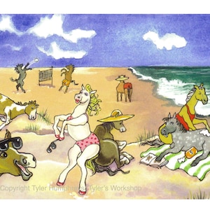 Pferde - Lustige Pferde Karte - Aquarell Pferdekunst - Pferd am Strand Illustration