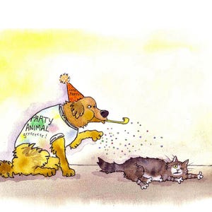 Funny Cat & Dog Birthday Card: Watercolor Party Animals Greeting