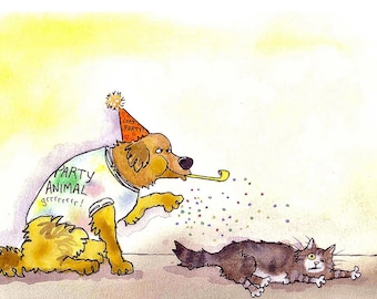 Funny Cat & Dog Birthday Card: Watercolor Party Animals Greeting