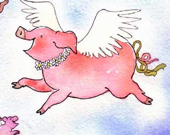Flying Pig Art Print: Whimsical Watercolor Animal Illustration (8.5x11)
