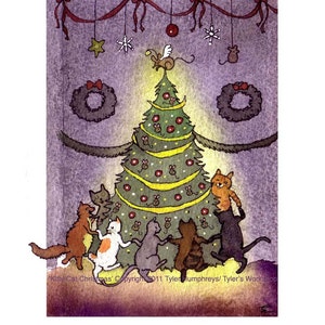 Funny Cats Christmas Greeting Card with Cats Dancing Around Christmas Tree Mice Ornaments, Holiday Cat Card, Cats Watercolor Painting Print