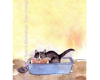 Funny Cat Card, Cat Greeting Card, Cat Cartoon, Watercolor Cat Illustration Print , Offbeat Sarcastic Funny Card Cats 'Litterbox Leisure'
