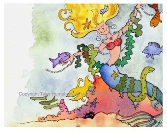 Mermaid Card, Mermaid Art, Funny Fish Mermaid Greeting Card Mermaid Watercolor Painting/ Illustration Print 'Mermaid Princess'