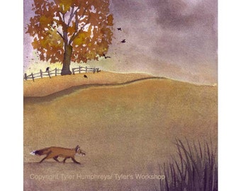 Autumn Card - Watercolor Greeting Card - Red Fox Illustration - Rural Landscape Watercolor Gouache Painting Illustration Print